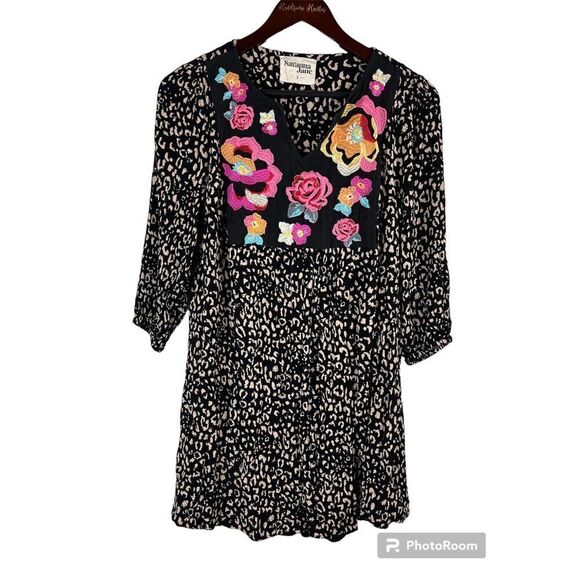 Savanna Jane Women Shirt Dress Black Size S Embroidered Animal Boho Swing E3 - Picture 1 of 12
